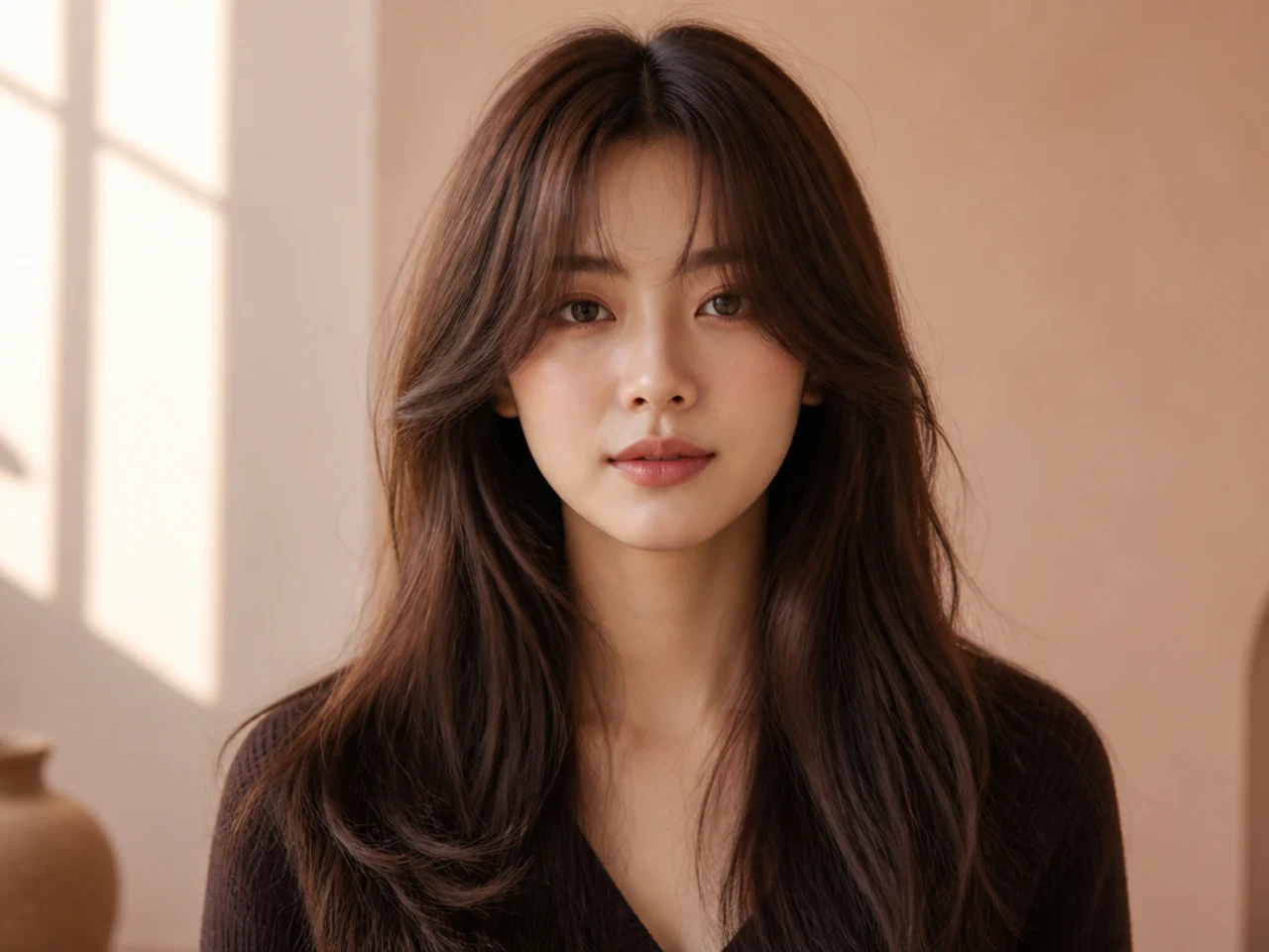 Long hair with curtain bangs