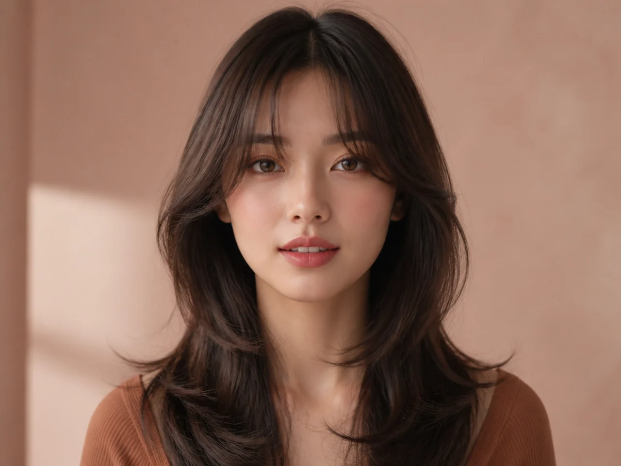 Framing marked at cheekbone level against long hair