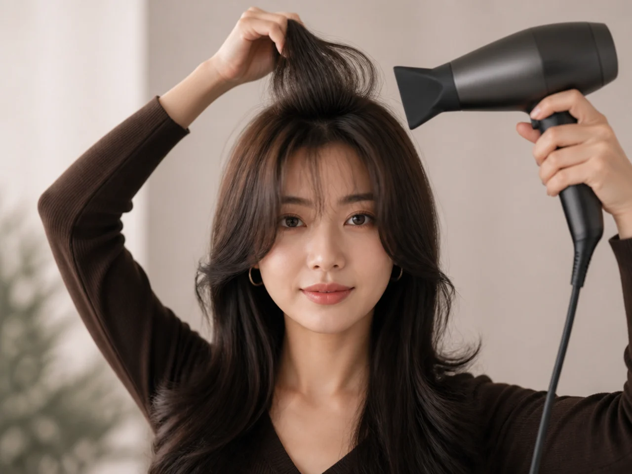 Crown volume being dried into long hair