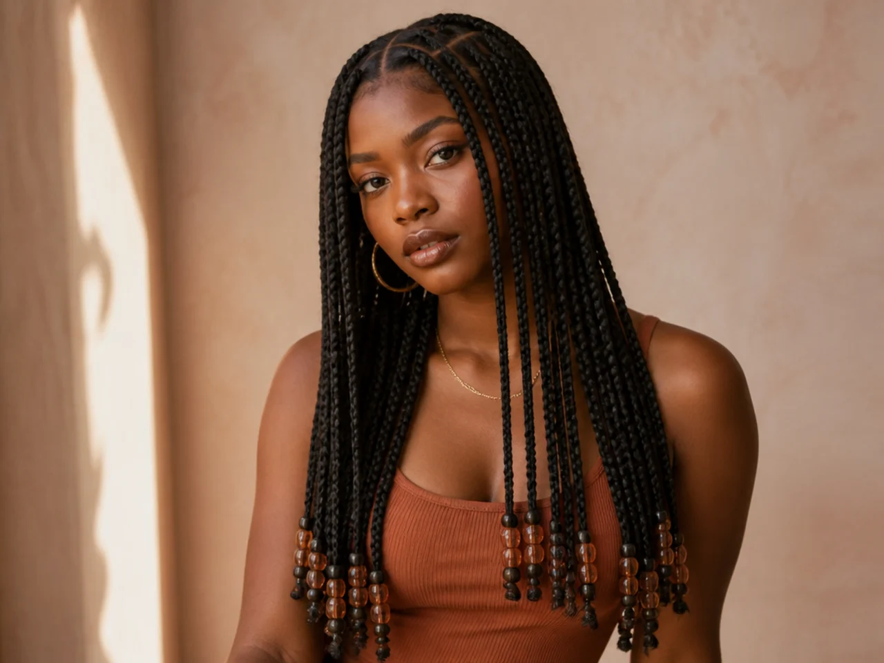Long braids finished with beads