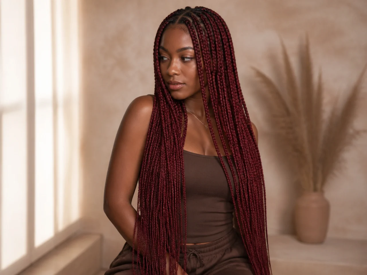 Burgundy waist-length braids