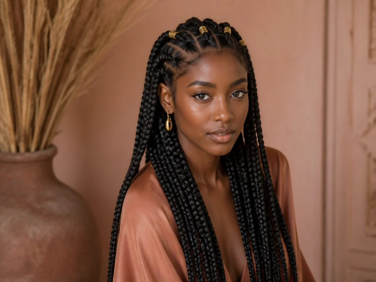 Long braids with gold cuffs placed high