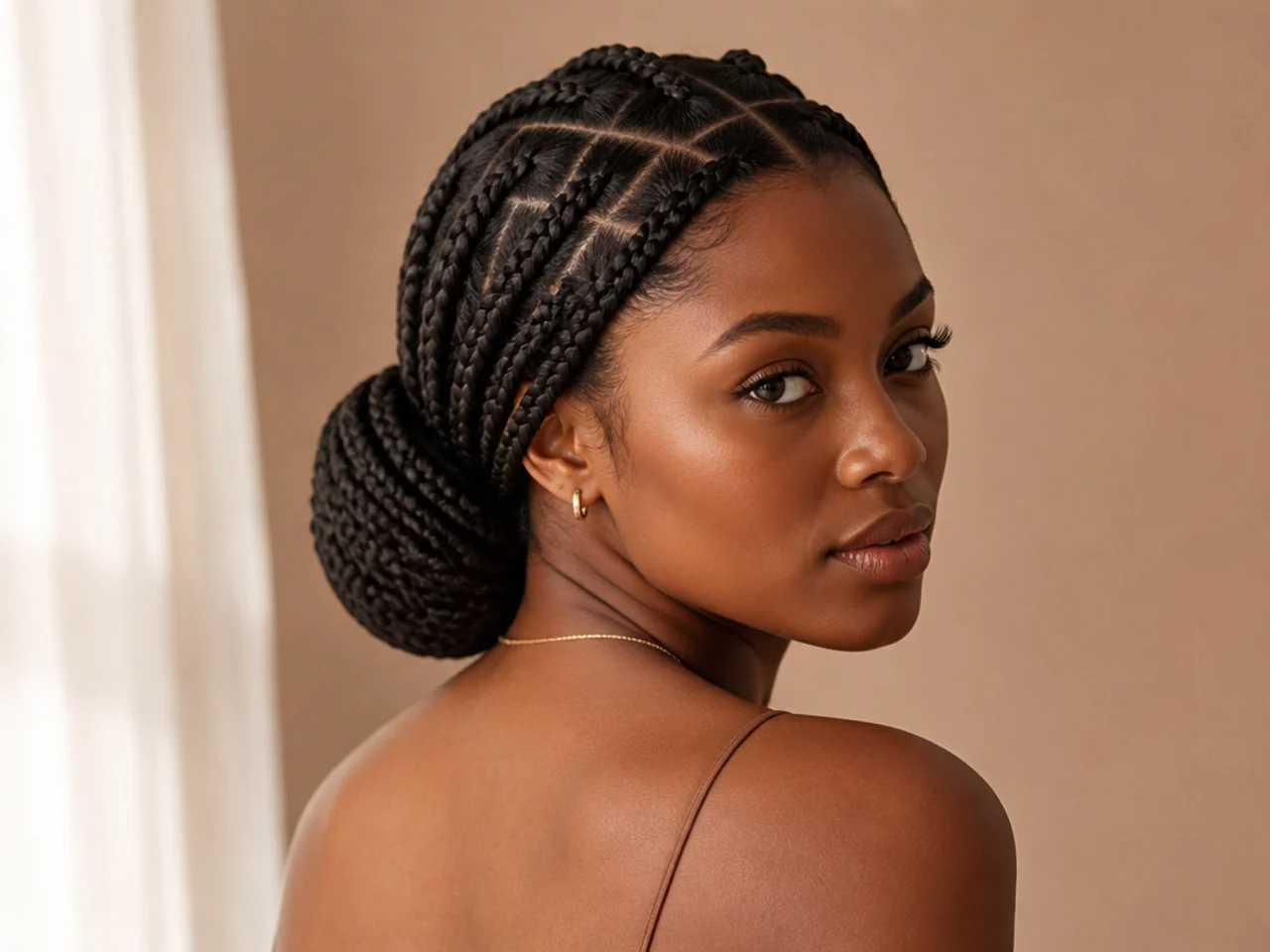 Long braids coiled into a low bun