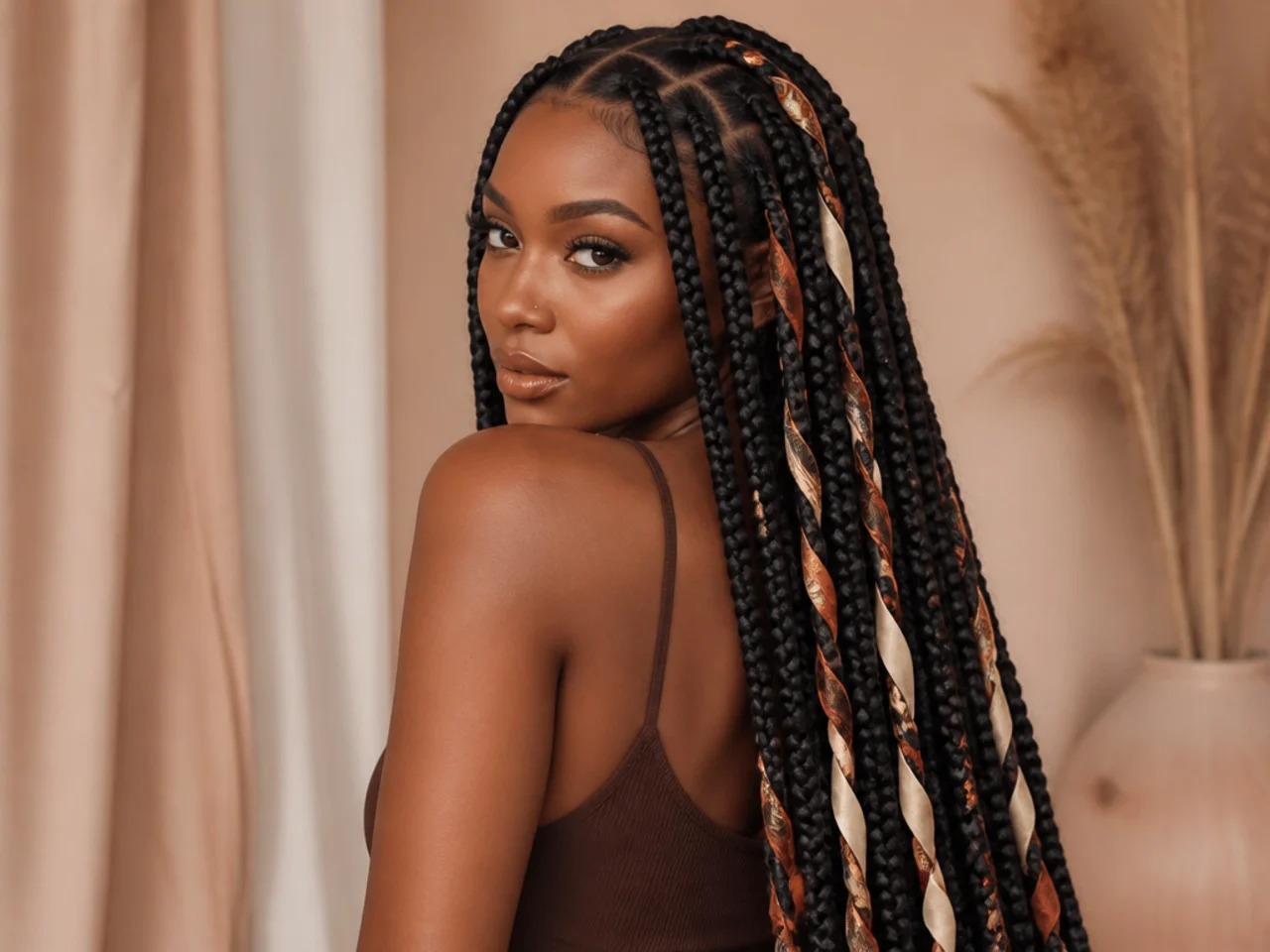 Long braids with a scarf wound through