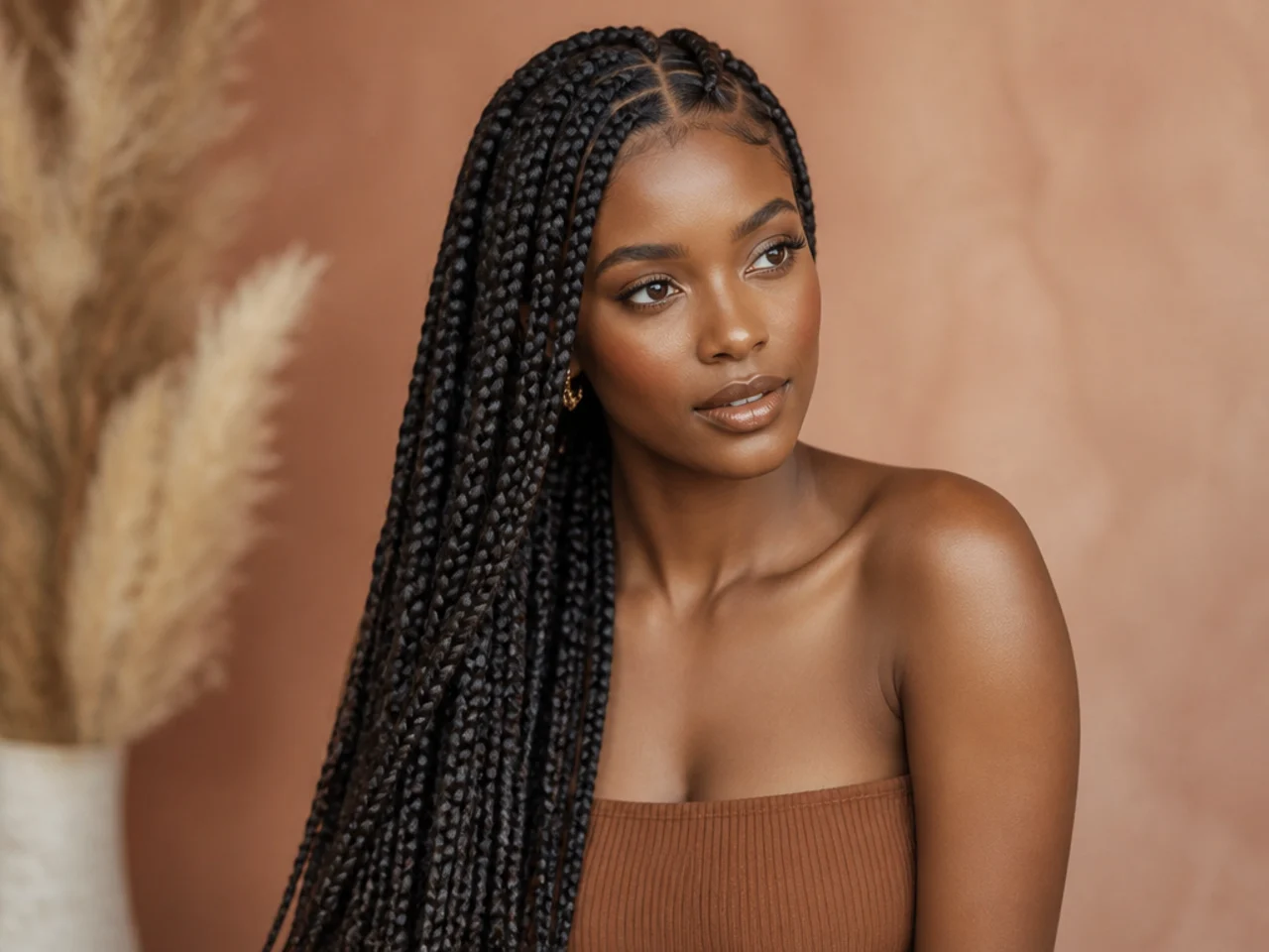 Long braids gathered over one shoulder