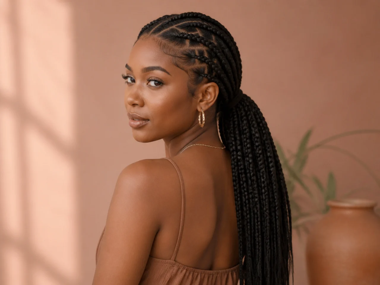 Long braids in a low ponytail