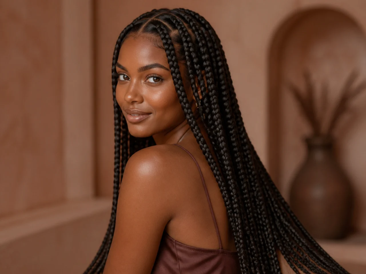 Three-quarter view of finished long knotless braids