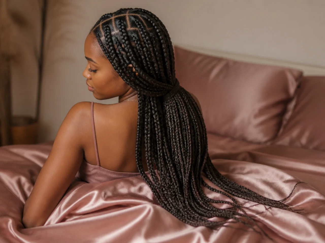 Long braids gathered loosely on satin for sleeping