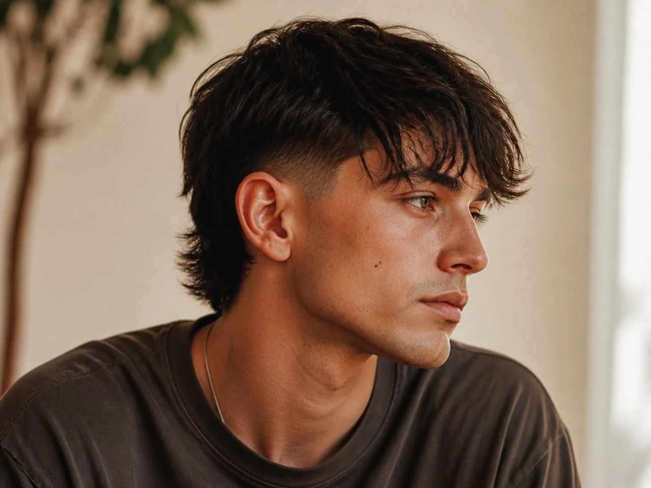 A growing fringe left uncut on a mullet fade
