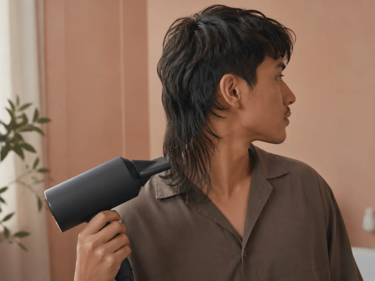 Drying a mullet tail downward with the nozzle pointed down