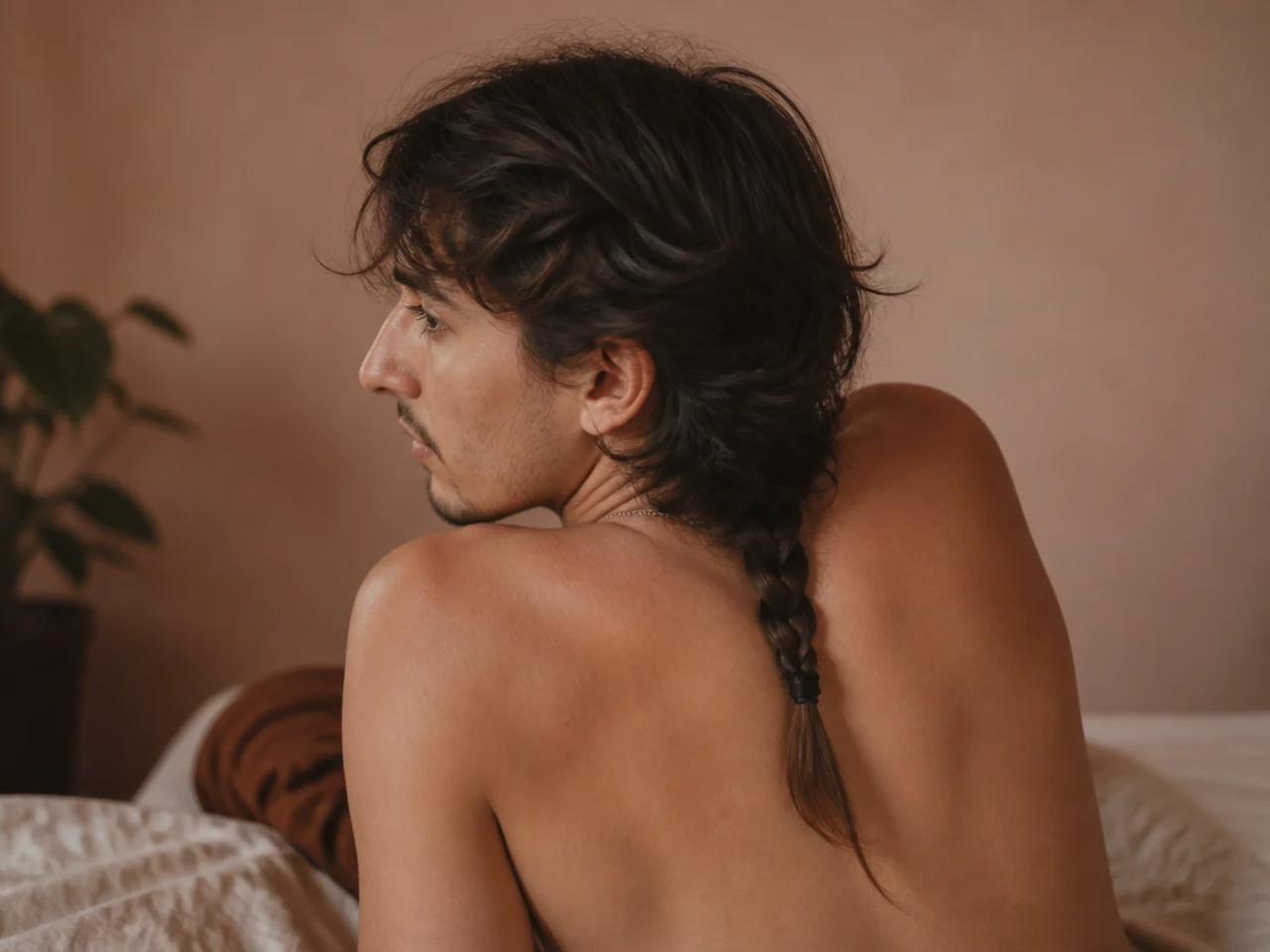 A mullet tail loosely plaited for sleeping