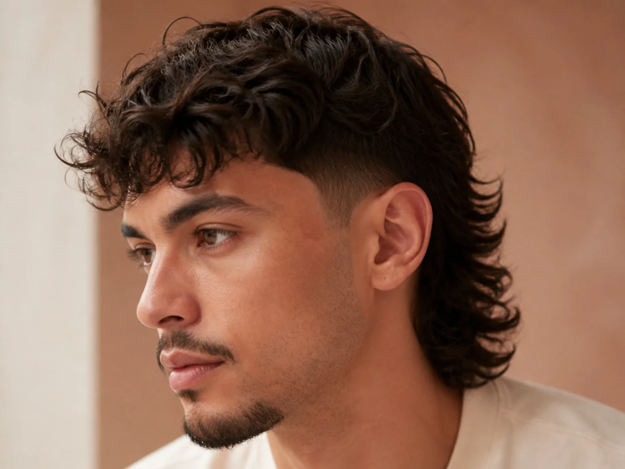 Three quarter view of a finished long mullet fade