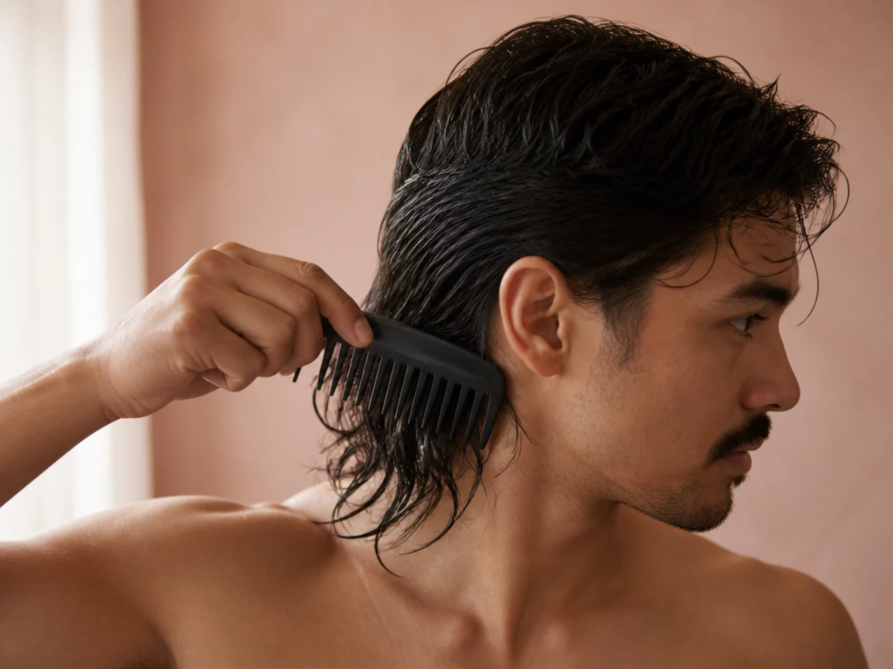 Combing a wet mullet tail with a wide tooth comb