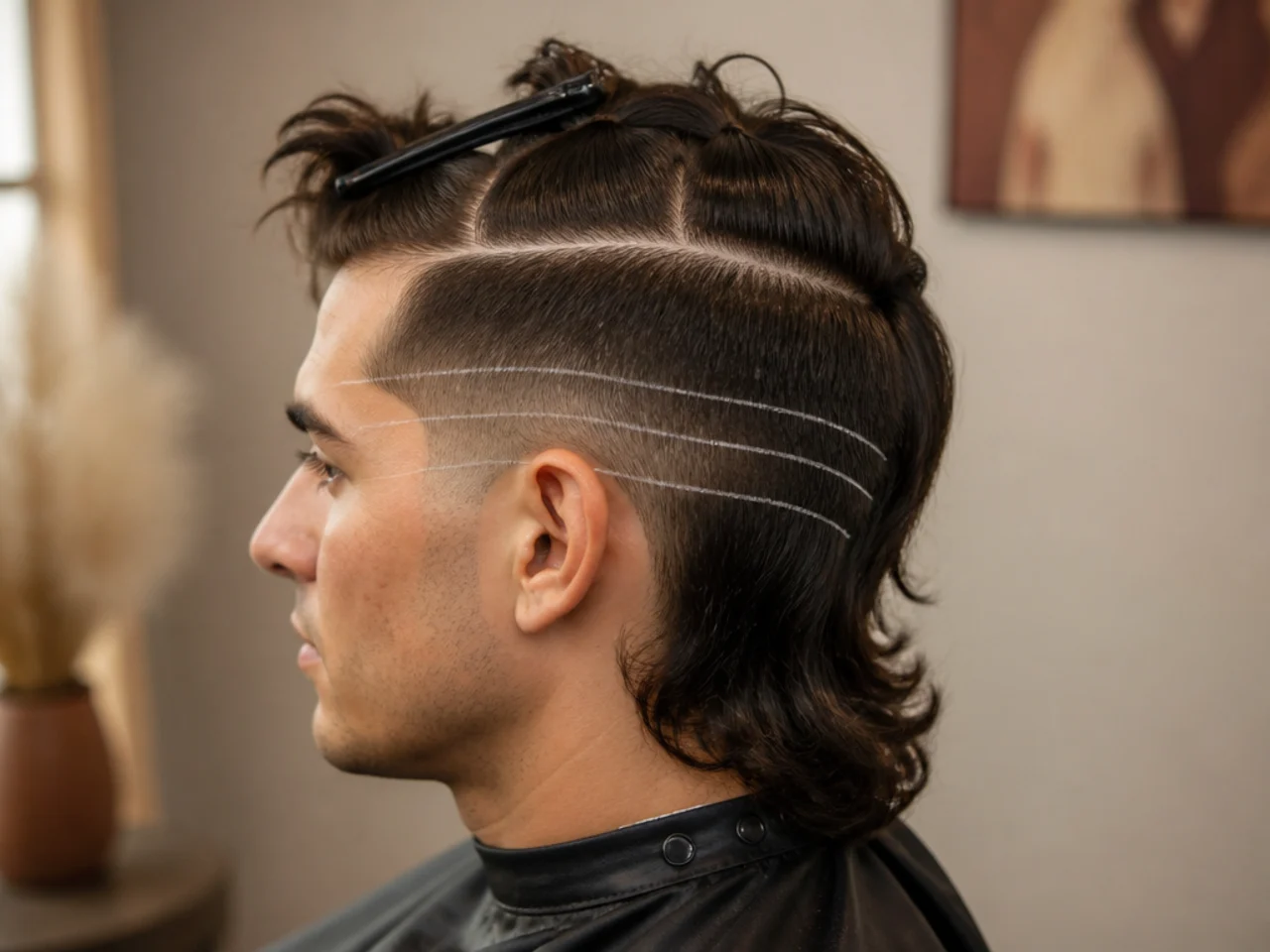 The sections of a long mullet fade marked on the head