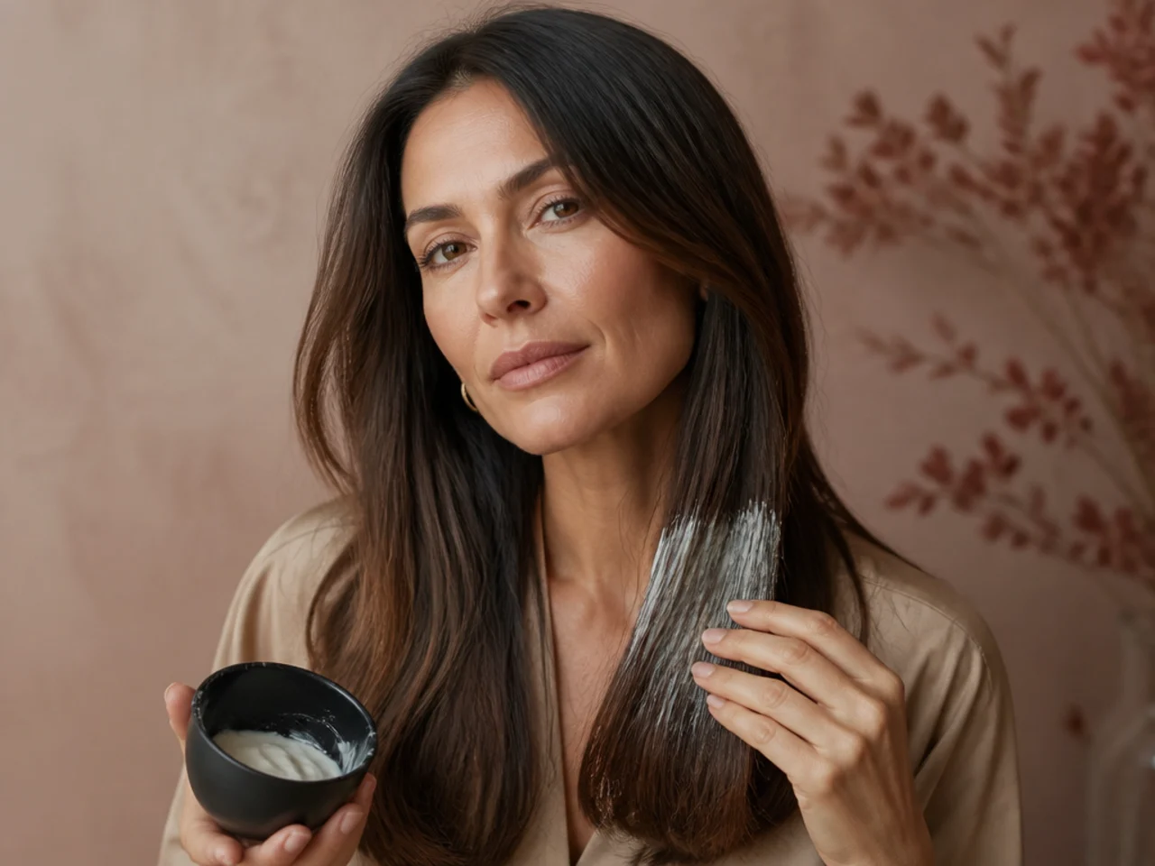 A mask applied to the bottom third of long hair