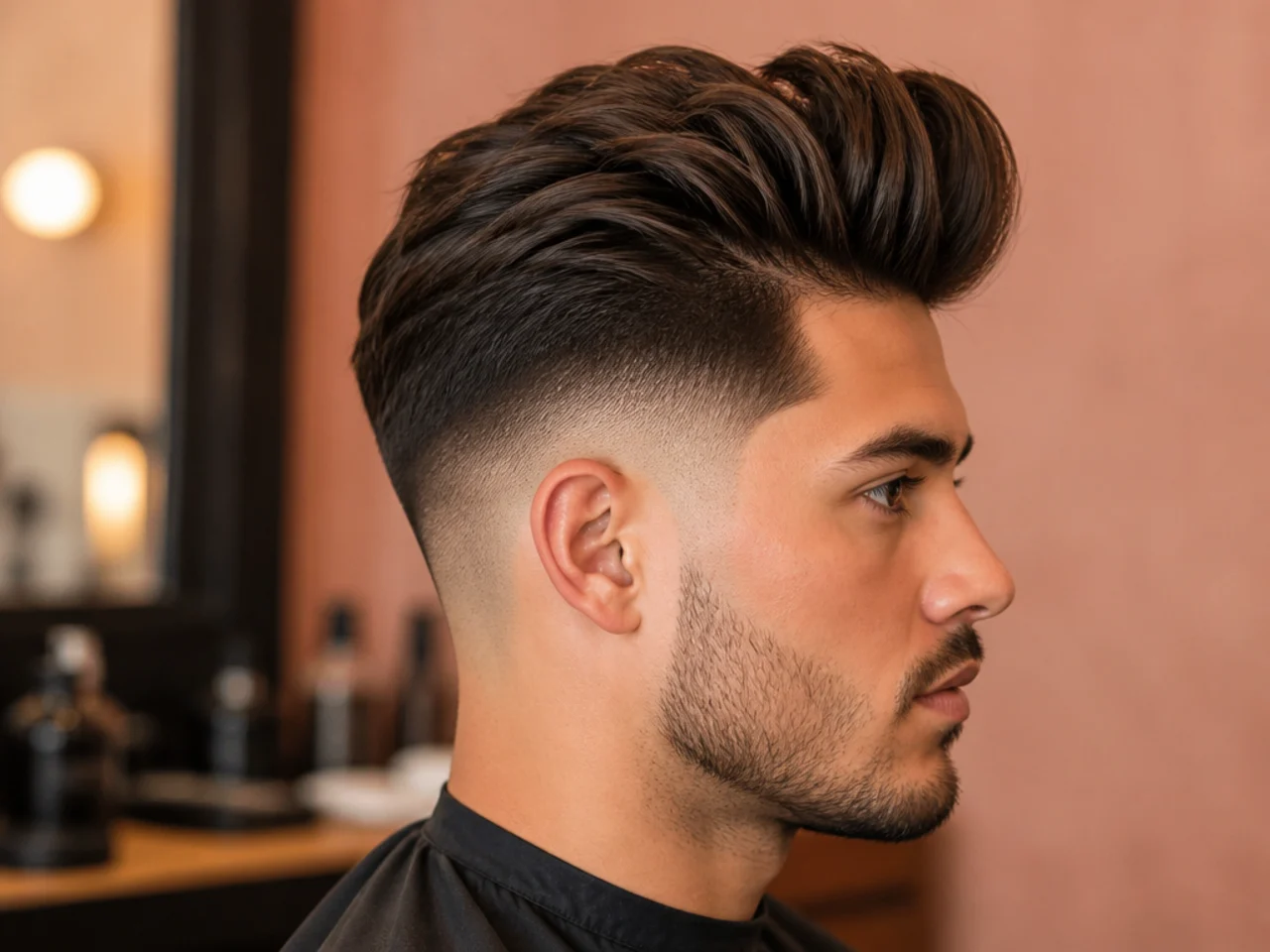Long quiff with a drop fade curving down behind the ear and a six-inch swept-back matte top on a young man