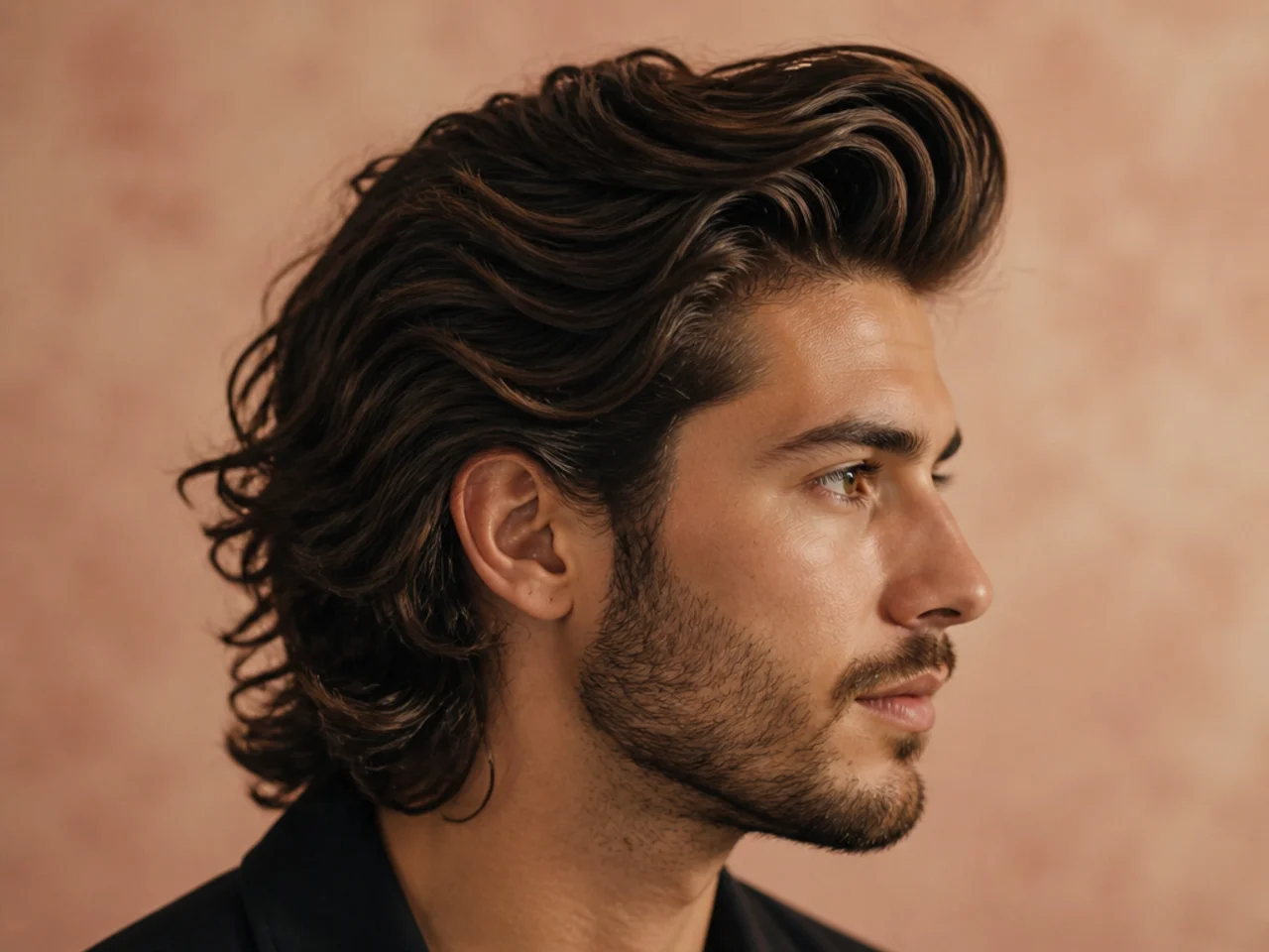 Long wavy quiff on a young man with natural S-wave pattern lifted and pushed back over a low taper fade