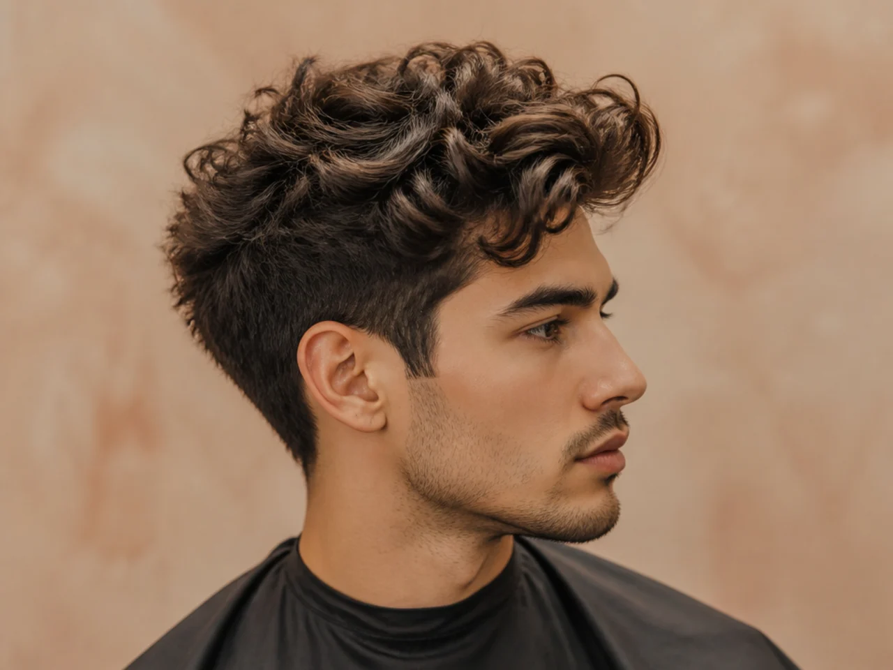 Long curly quiff on a young Black man with defined coils lifted and swept back over a mid taper fade