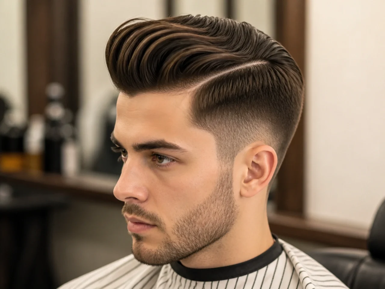 Long quiff with a clipper-cut hard part on the side of a young man, mid fade sides, and swept-back long top