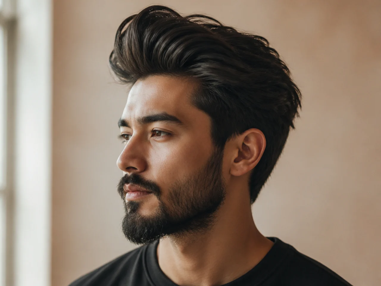 Long quiff paired with a medium beard on a young man showing balanced height on top and jaw weight below