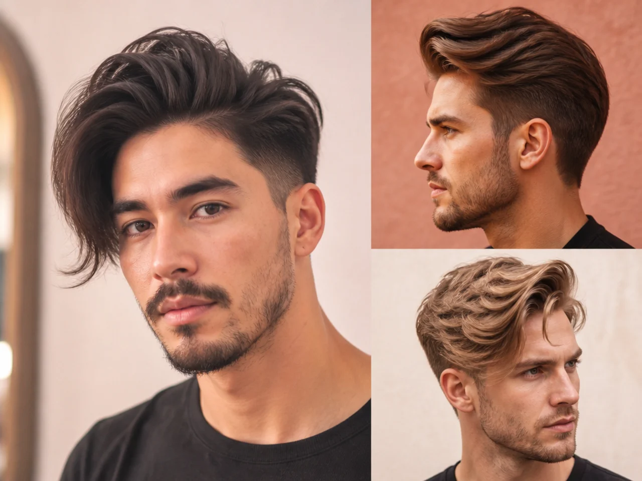 Long side-swept quiff on a young man with front pushed diagonally across the forehead over a mid fade
