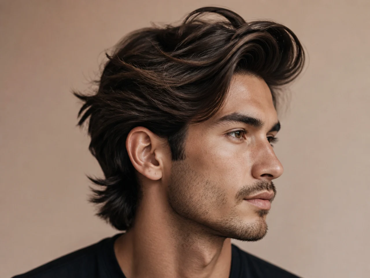 Long layered quiff on a young man with heavy internal layering, movement through the top, and low fade sides