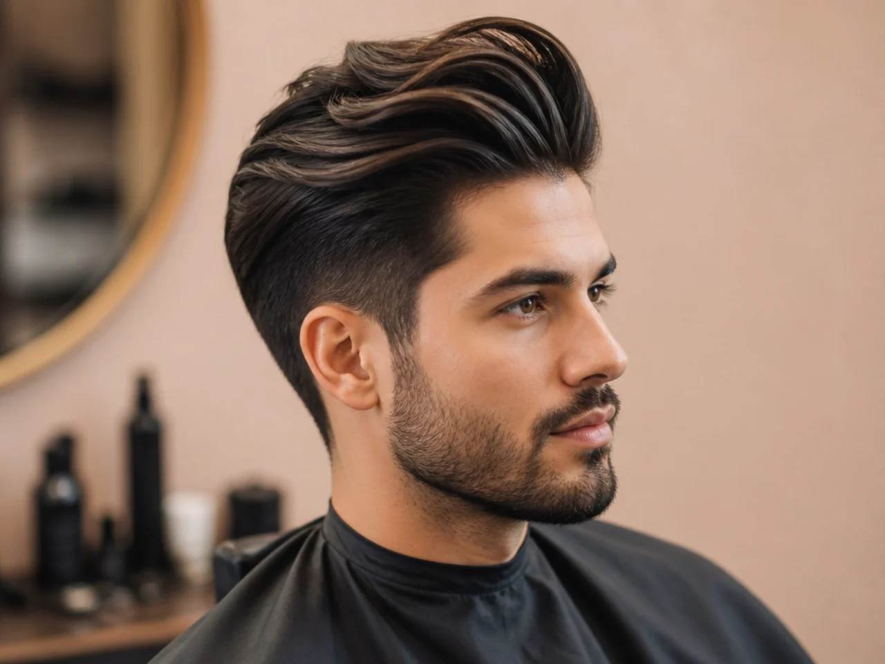 Executive long quiff on an older man with grey-streaked hair, sleek combed-back finish, and scissor-blended sides