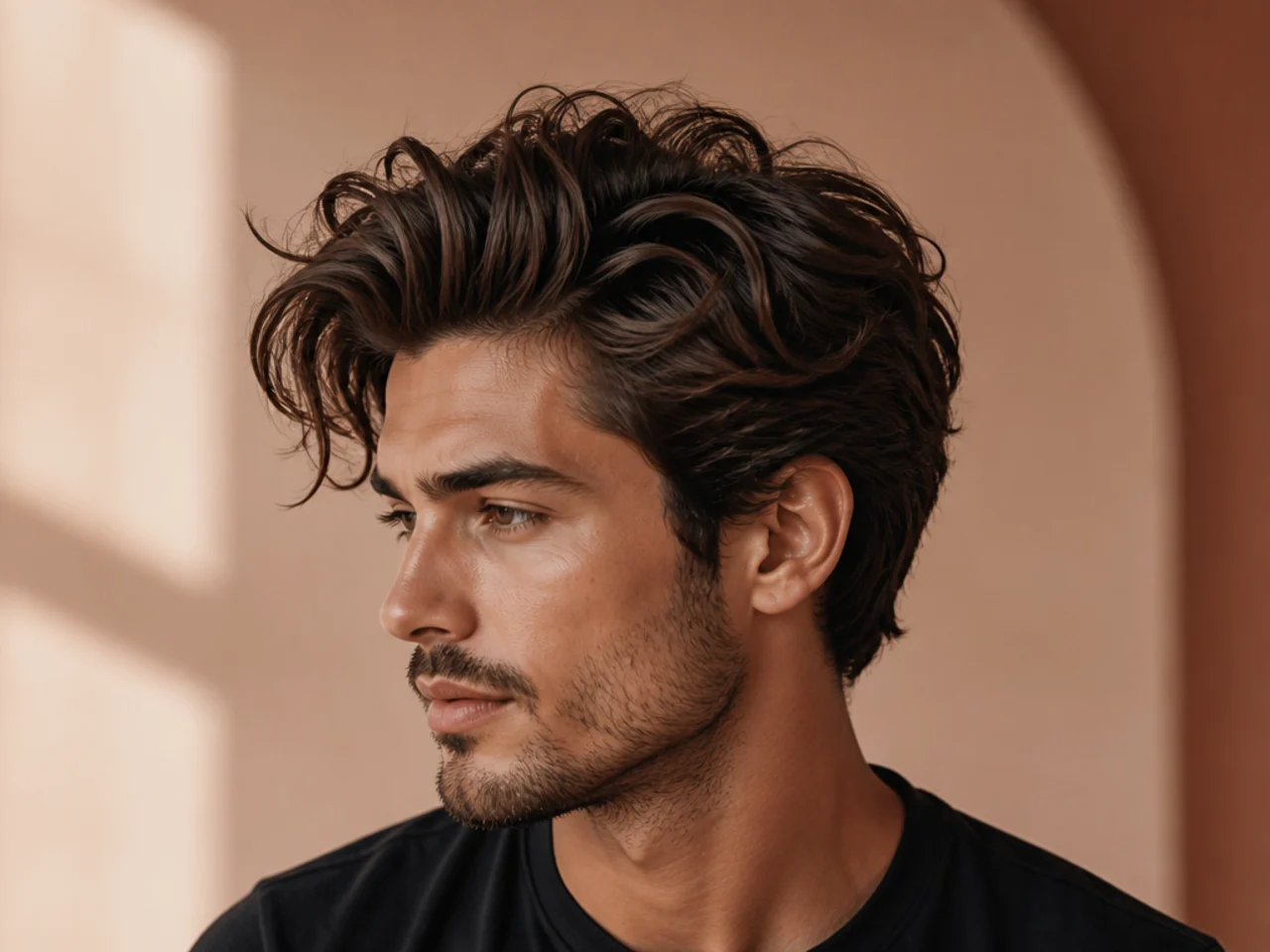 Long middle-broken quiff on a young man with front parted loosely down the middle and swept diagonally back over a mid fade