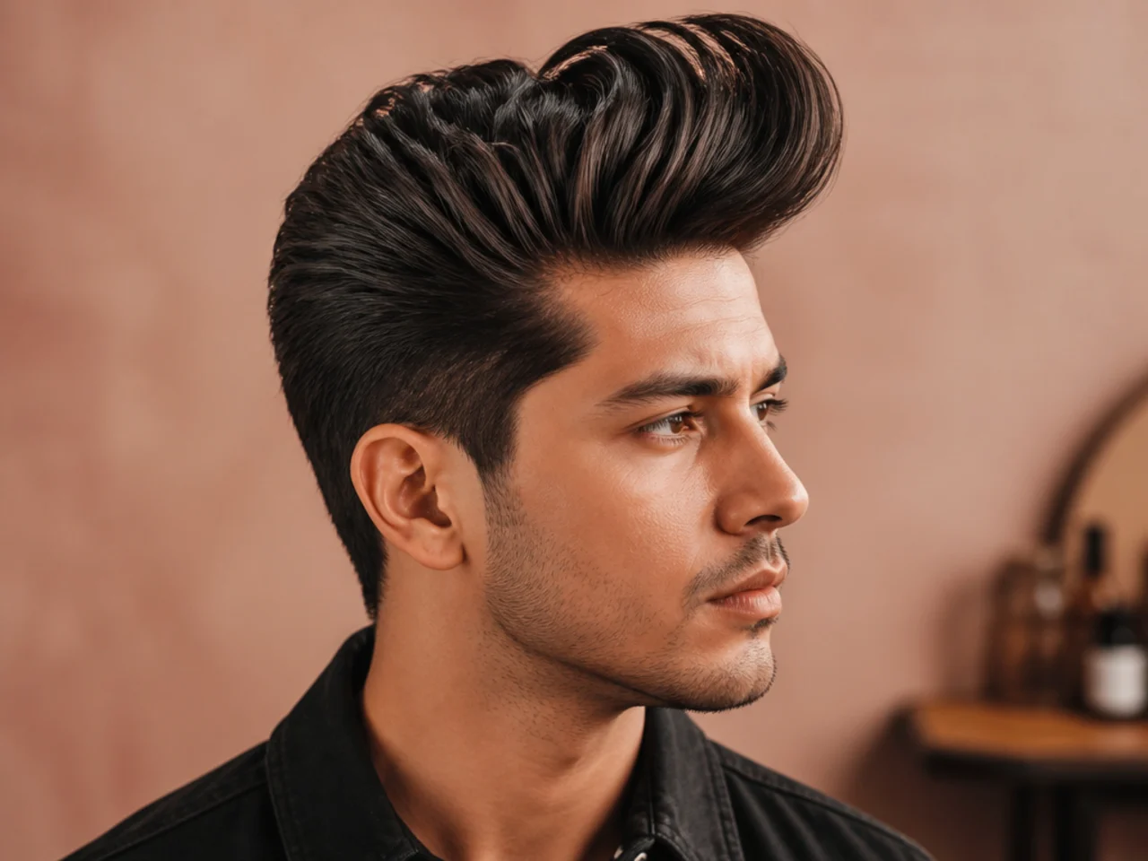 Rockabilly long quiff on a young man with tall wet-look pomaded front, high shine finish, and short faded sides