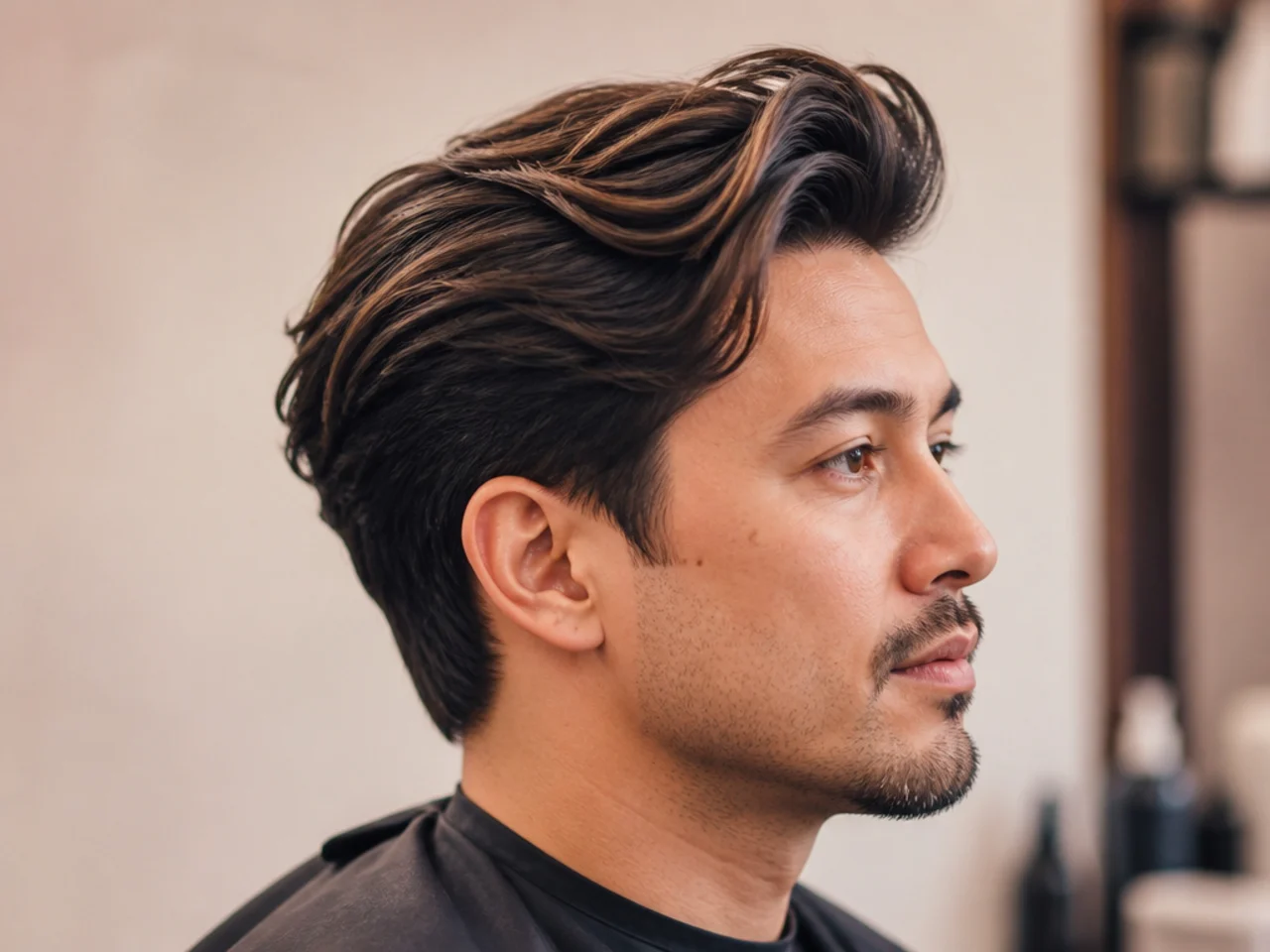 Grown-out long quiff on a young man with a natural lived-in silhouette, six-inch front, and softly overgrown sides