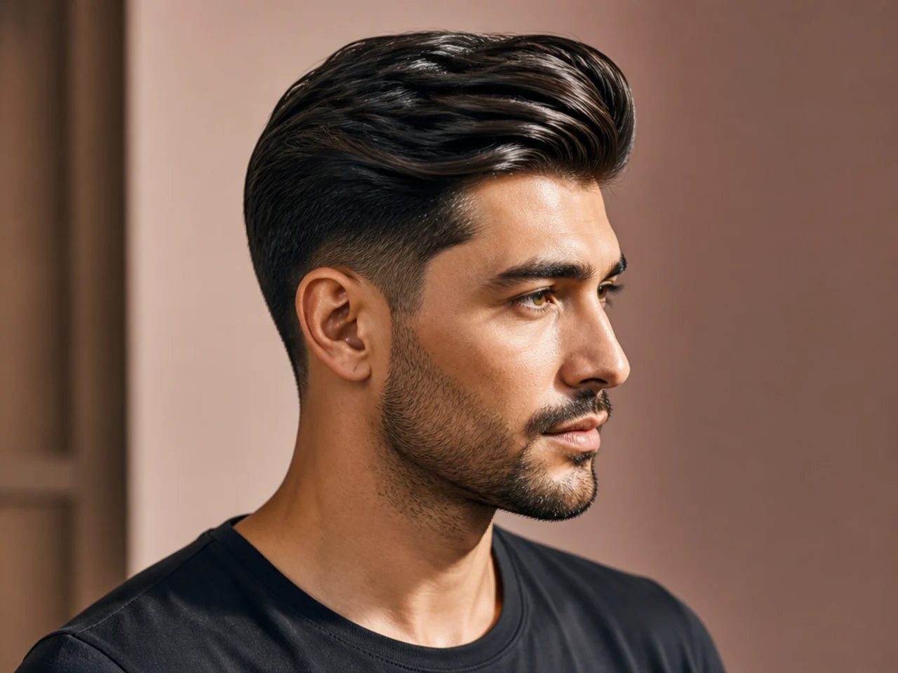 Sleek long quiff with polished high-shine front and clean side part on a young man with mid skin fade sides