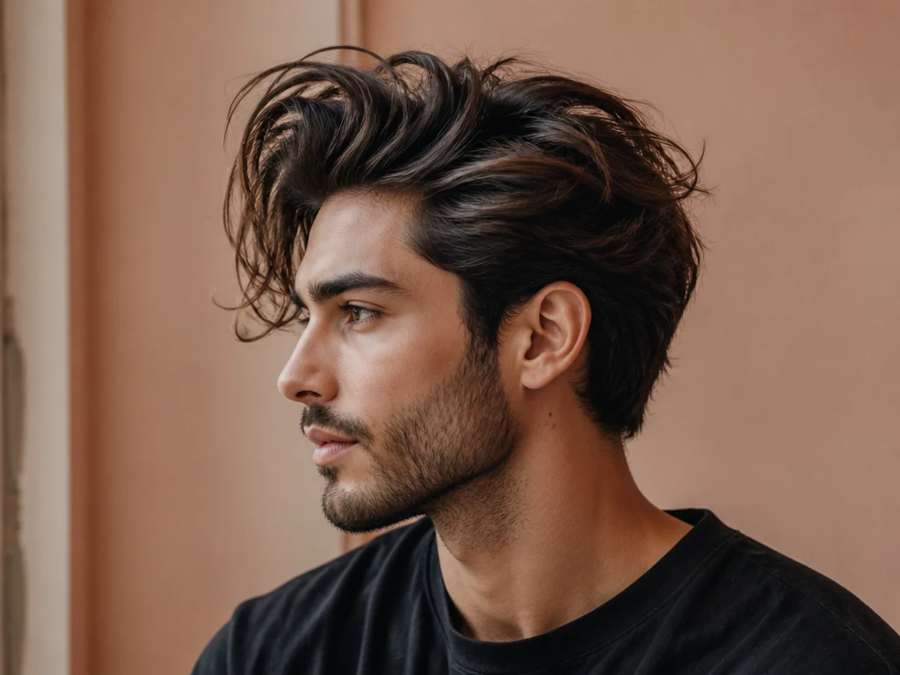 Messy long quiff on a young man with tousled swept-back front pieces, matte finish, and low taper sides