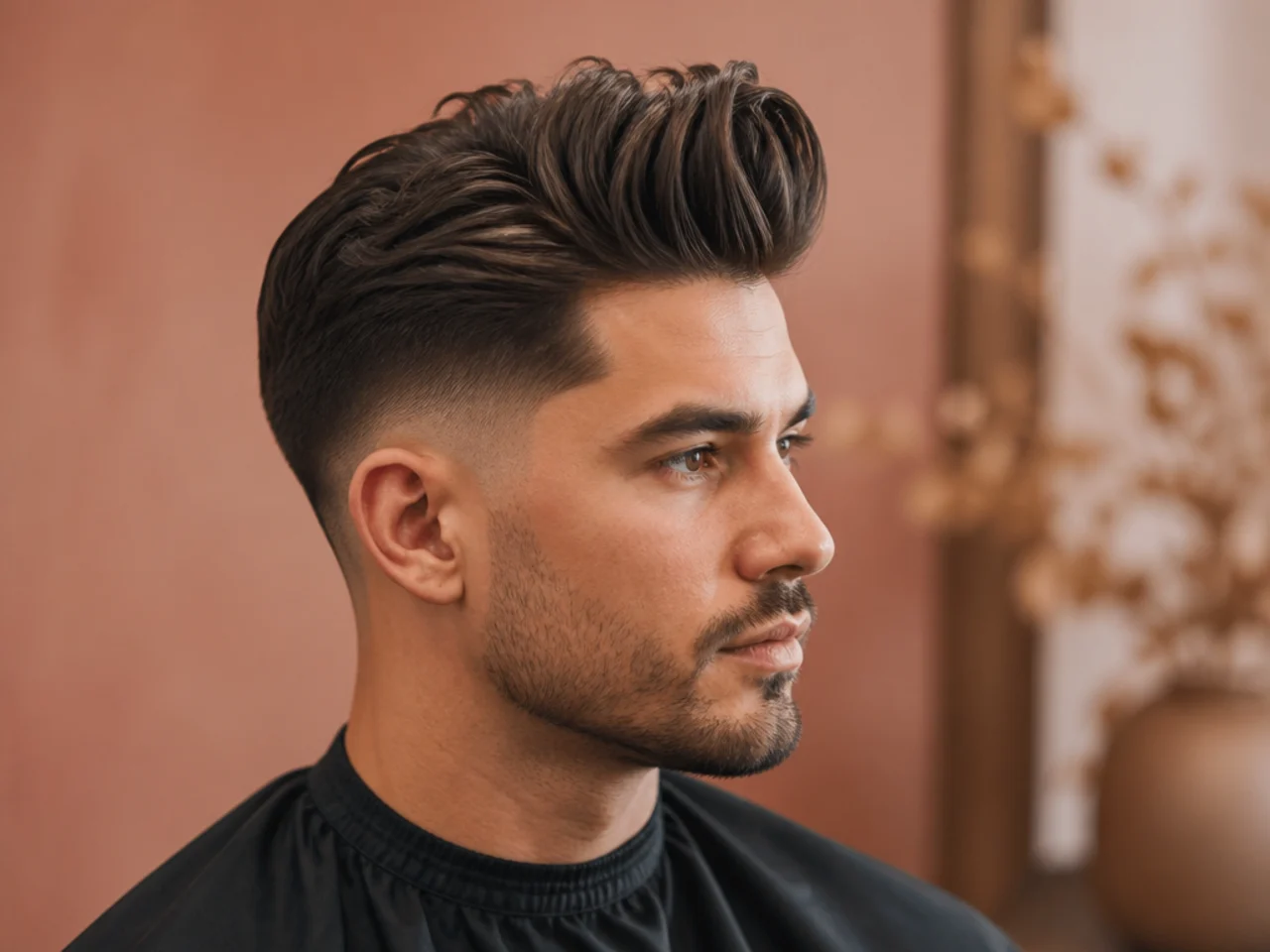 Long quiff paired with a low taper fade at the neckline on a young man in a workplace-appropriate setting