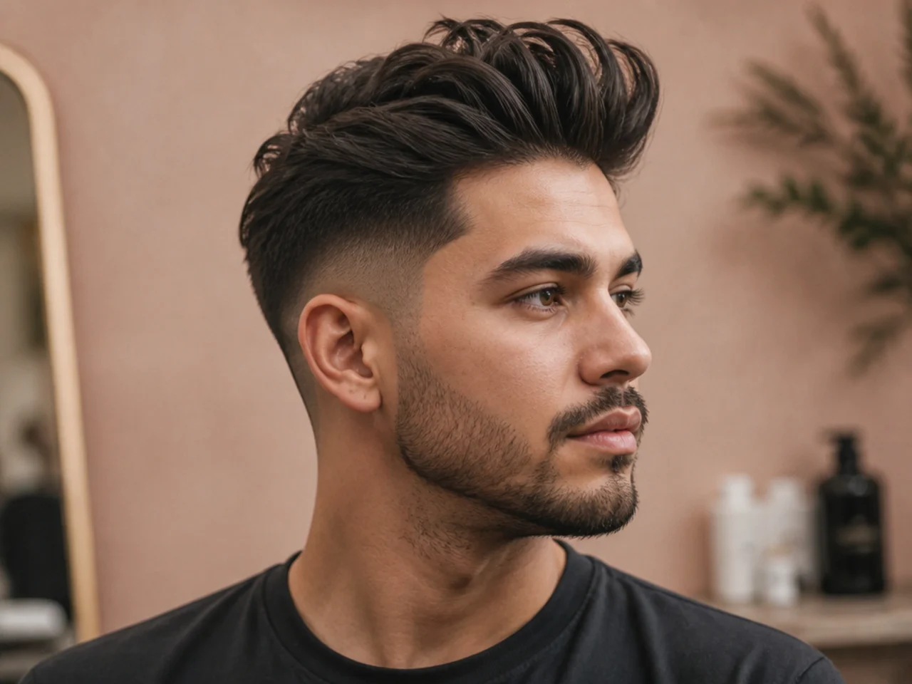 Long quiff with a mid fade at the temple and a six-inch matte swept-back top on a young man
