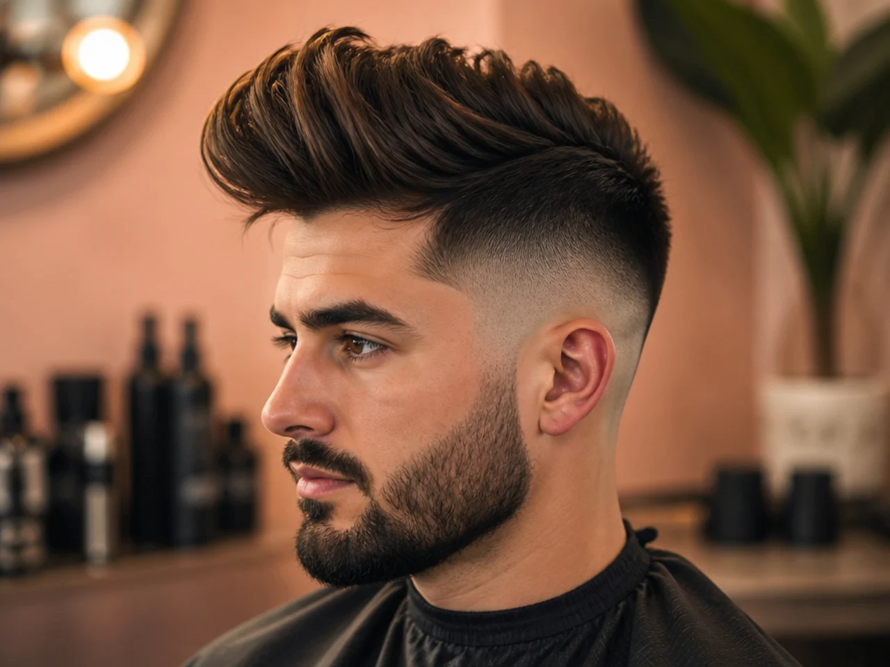 Long quiff with a high skin fade climbing above the temple and a lifted swept-back long top on a young man