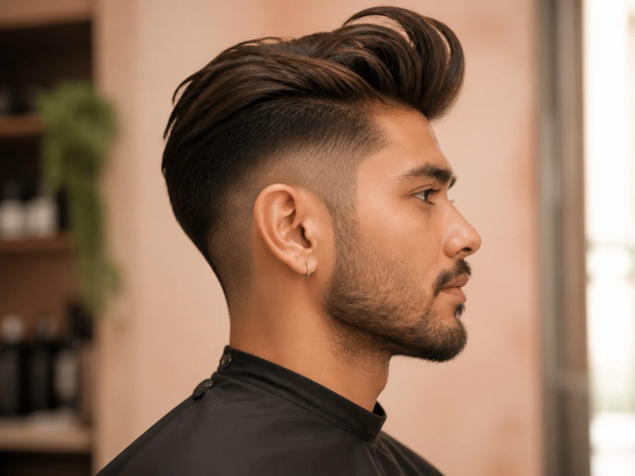 Long undercut quiff with disconnected clipper-cut sides and a seven-inch lifted matte top on a young man