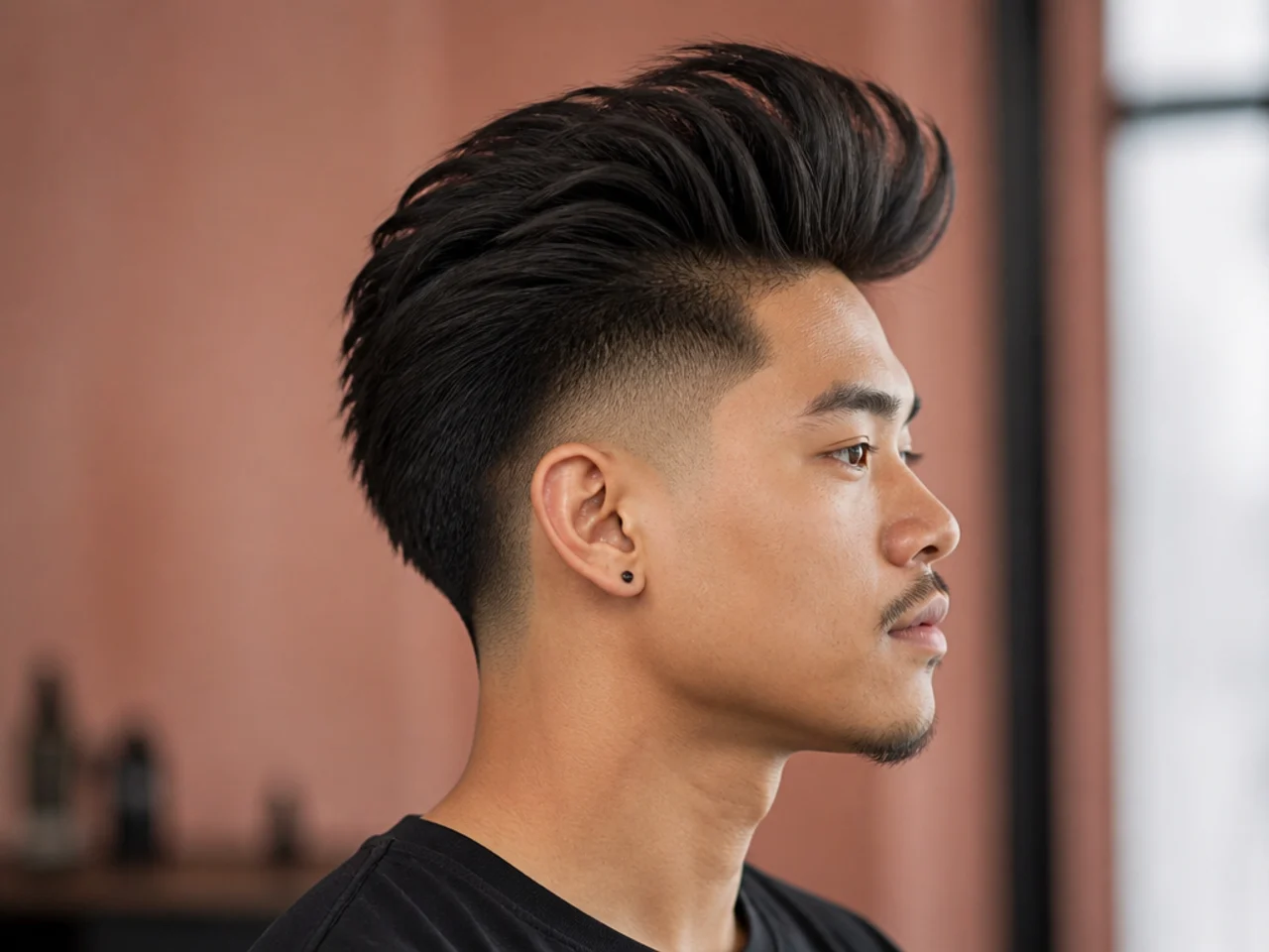 Long quiff paired with a curved burst fade around the ear on a young man with lifted swept-back matte long top