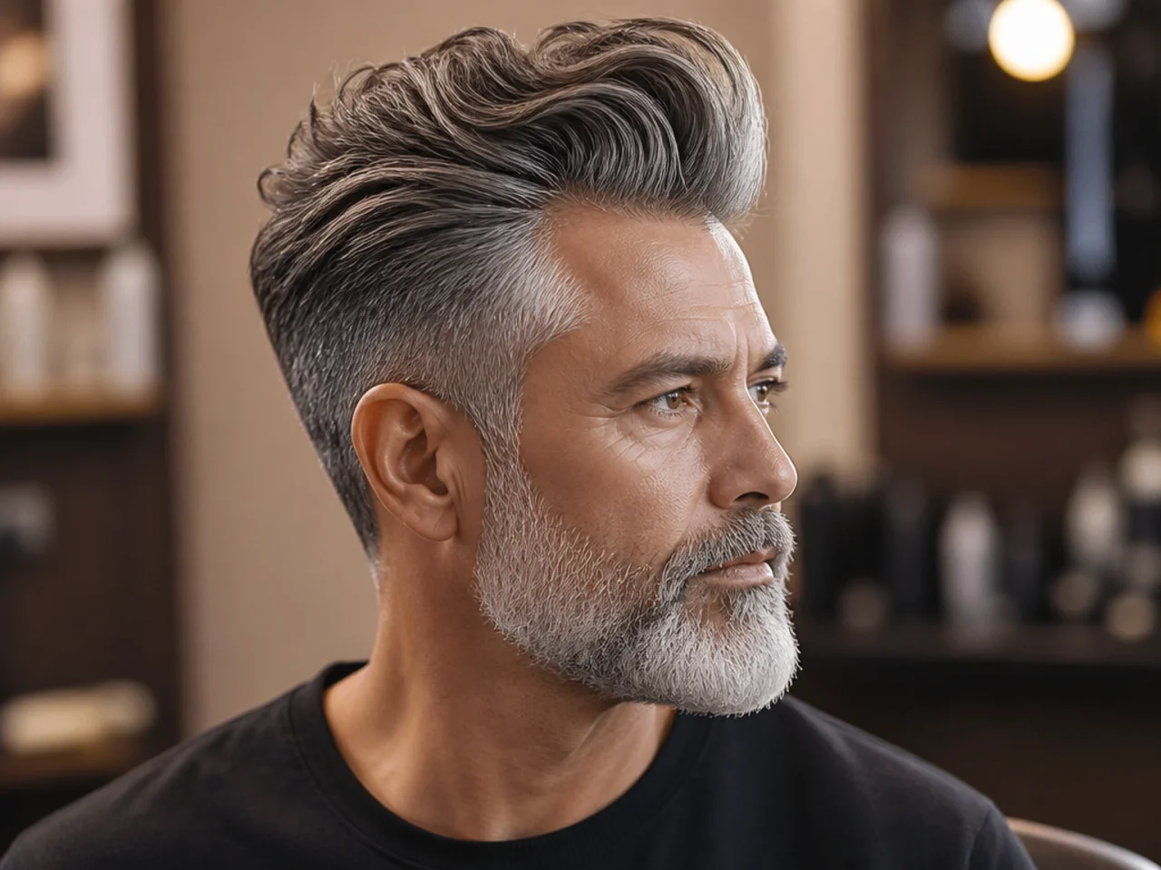 Executive long quiff on an older man with grey-streaked hair, scissor-blended sides, and a polished low-shine finish