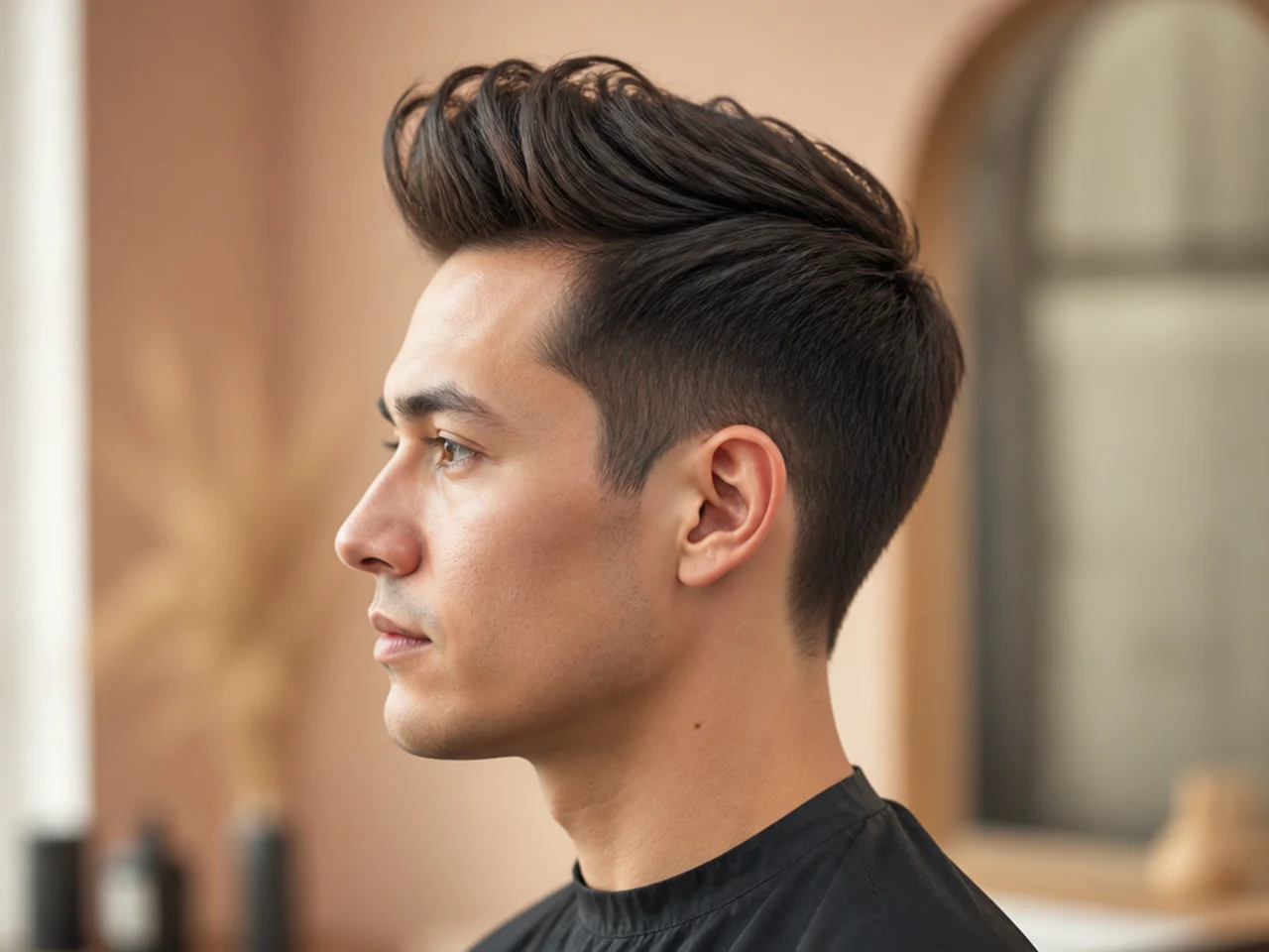 Long quiff styled with mousse and texture powder on a young man with fine hair, low fade sides, and a lifted six-inch matte front