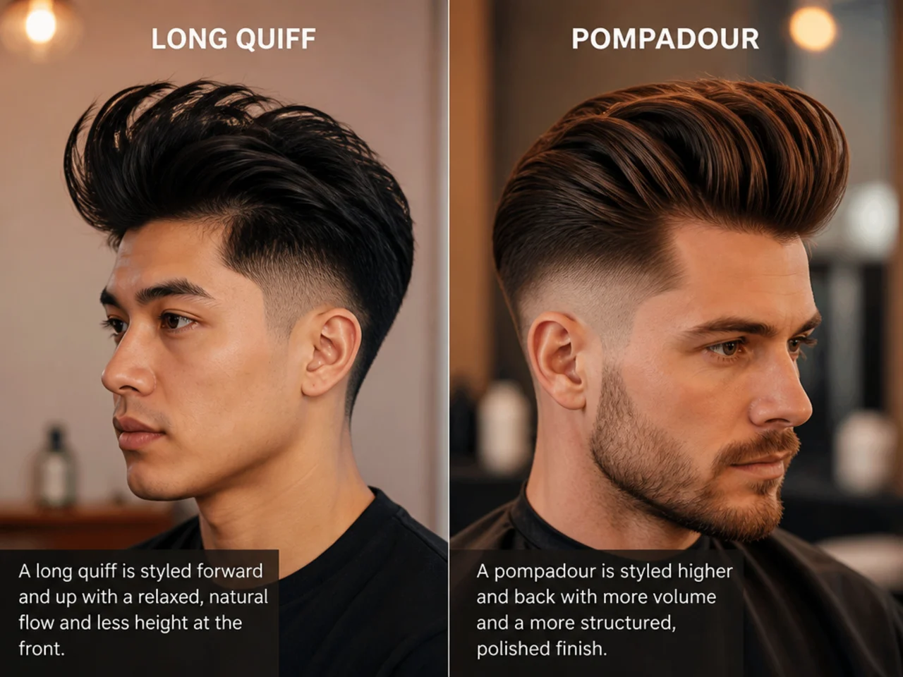 Side-by-side comparison of a long quiff and a pompadour on two young men showing the difference in vertical height and front geometry