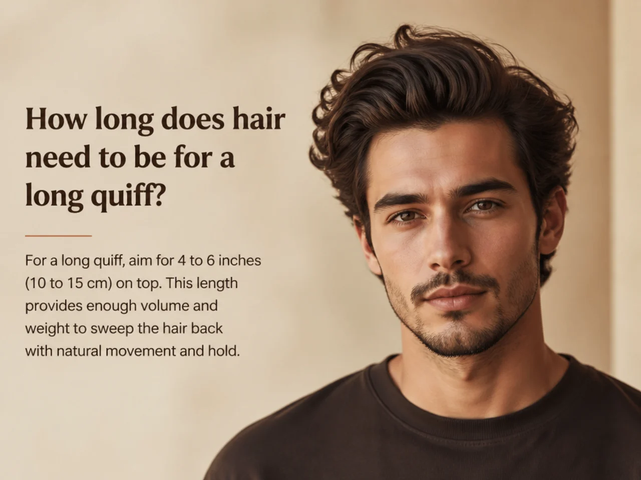 Grow-out reference showing a young man mid-way through growing from a medium quiff length toward a full six-inch long quiff