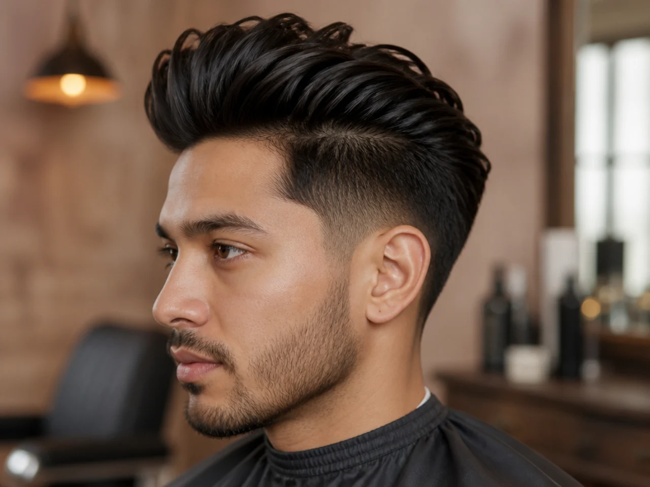 Barbershop consultation showing a young man handing his barber a phone photo reference for a long quiff