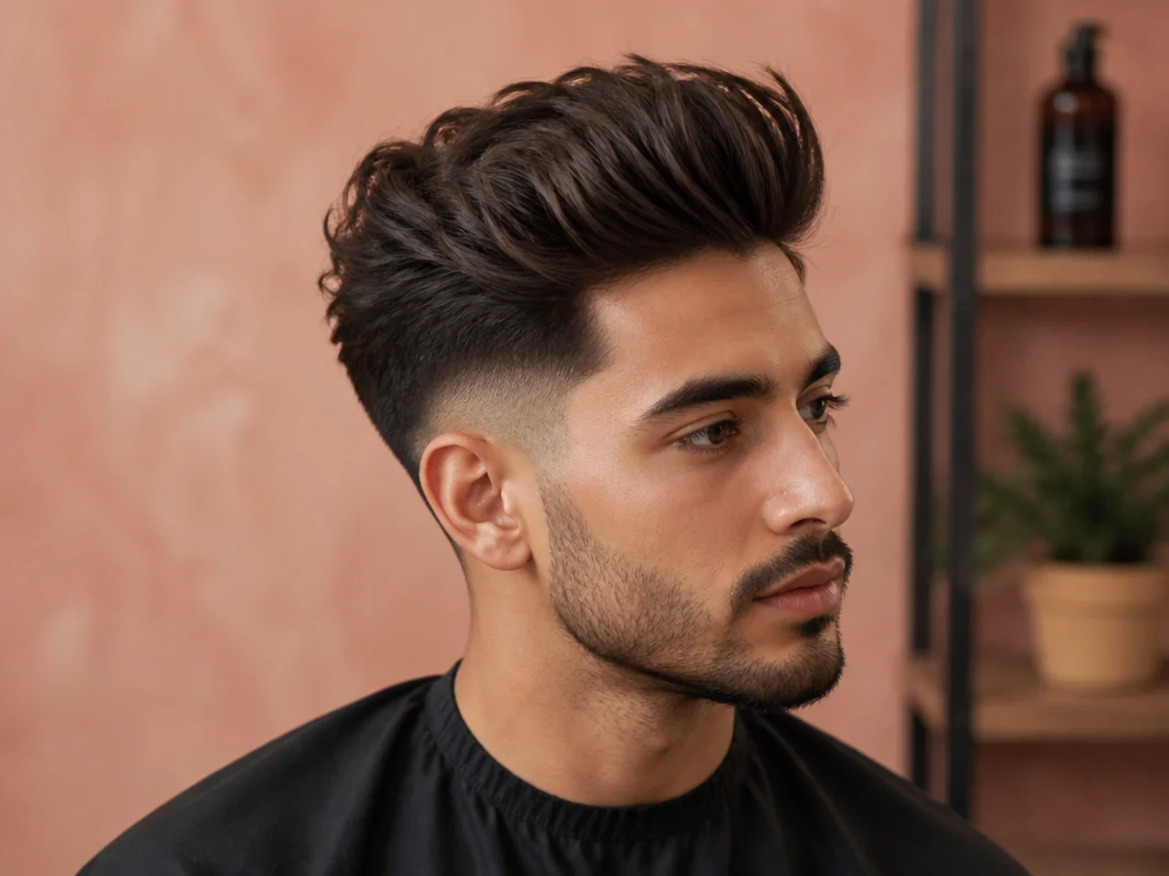 Overhead flat-lay of styling products for a long quiff including matte cream, water-based pomade, sea-salt spray, mousse, round brush, and a fine-tooth comb