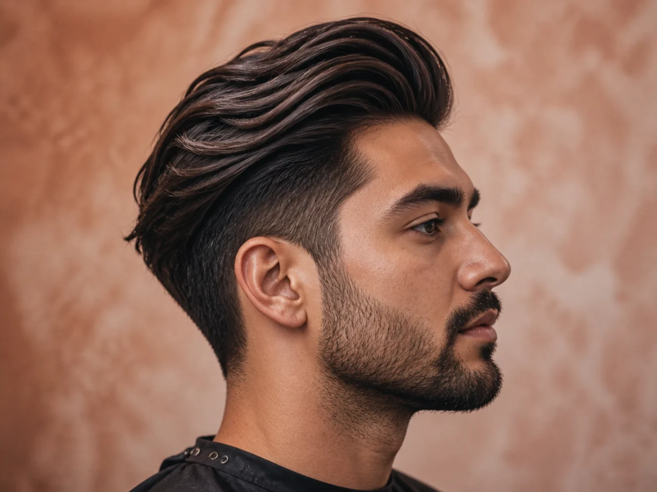 Editorial front portrait of a young man with a long quiff, six-inch front lifted up and back, mid taper sides, matte finish