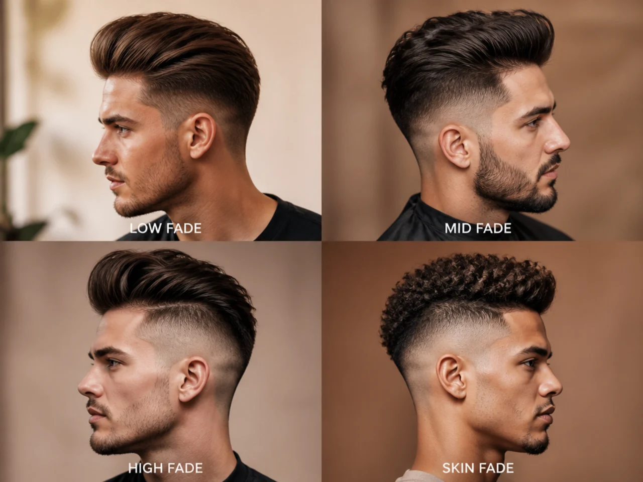 Three young men side by side showing a long quiff paired with a low taper, a mid fade, and a high skin fade for comparison
