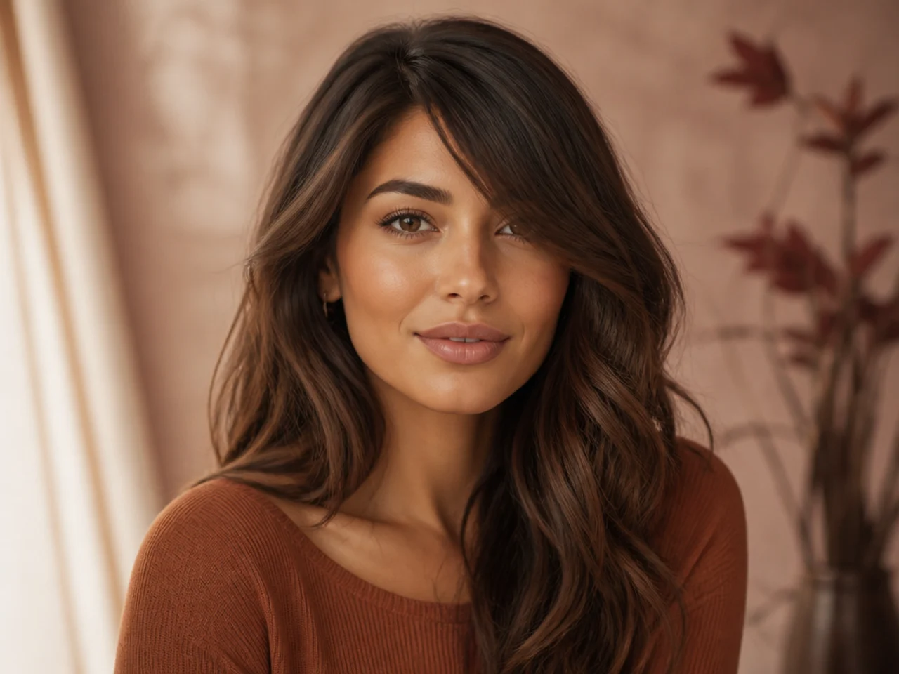 Long side swept bangs on wavy hair