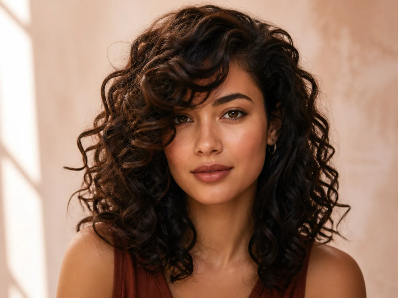 Long side swept bangs on curly hair
