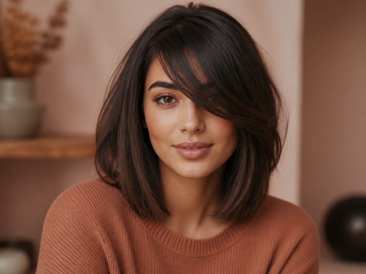 Long side swept bangs with a long bob