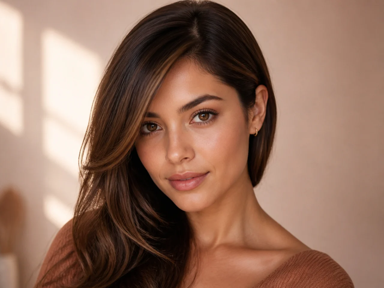 Long side swept bangs tucked behind one ear