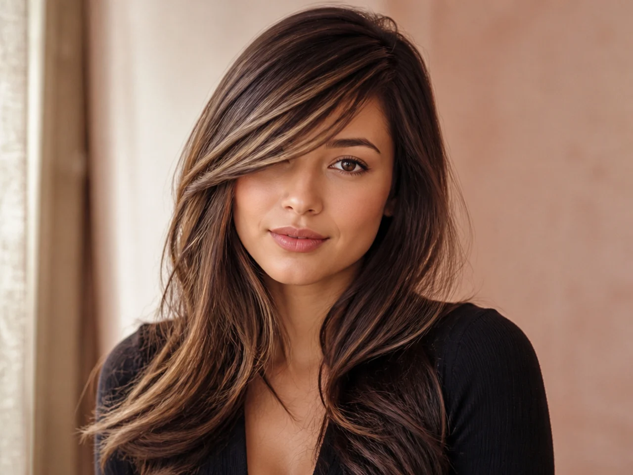Long side swept bangs with highlights along the diagonal